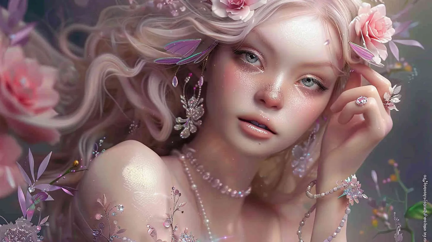 Beautiful fairy, lavender hair and white and ruddy skin, pink flowers in golden hair, a complex dress made of transparent crystal, diamond rings on her fingers, beautiful makeup, delicate powder blusher and bright blue eyes, gentle smile, super realism, ultra-high definition picture quality, photographic blockbuster, portrait lens - style1部分