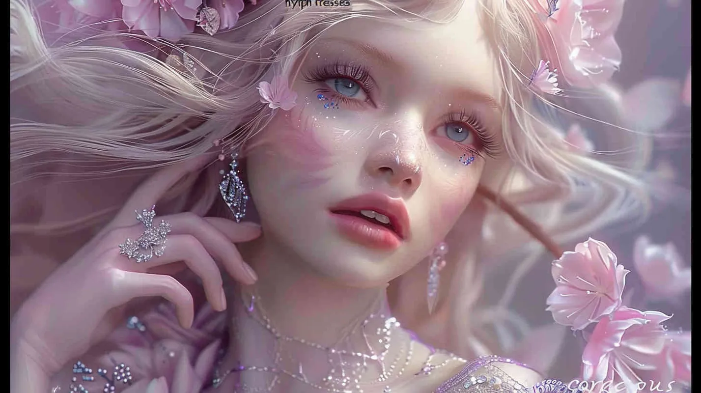Beautiful fairy, lavender hair and white and ruddy skin, pink flowers in golden hair, a complex dress made of transparent crystal, diamond rings on her fingers, beautiful makeup, delicate powder blusher and bright blue eyes, gentle smile, super realism, ultra-high definition picture quality, photographic blockbuster, portrait lens - style2部分