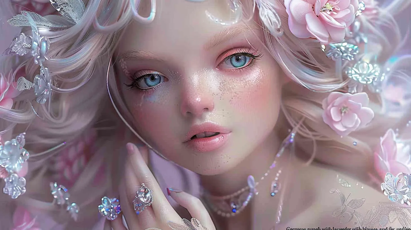 Beautiful fairy, lavender hair and white and ruddy skin, pink flowers in golden hair, a complex dress made of transparent crystal, diamond rings on her fingers, beautiful makeup, delicate powder blusher and bright blue eyes, gentle smile, super realism, ultra-high definition picture quality, photographic blockbuster, portrait lens - style3部分