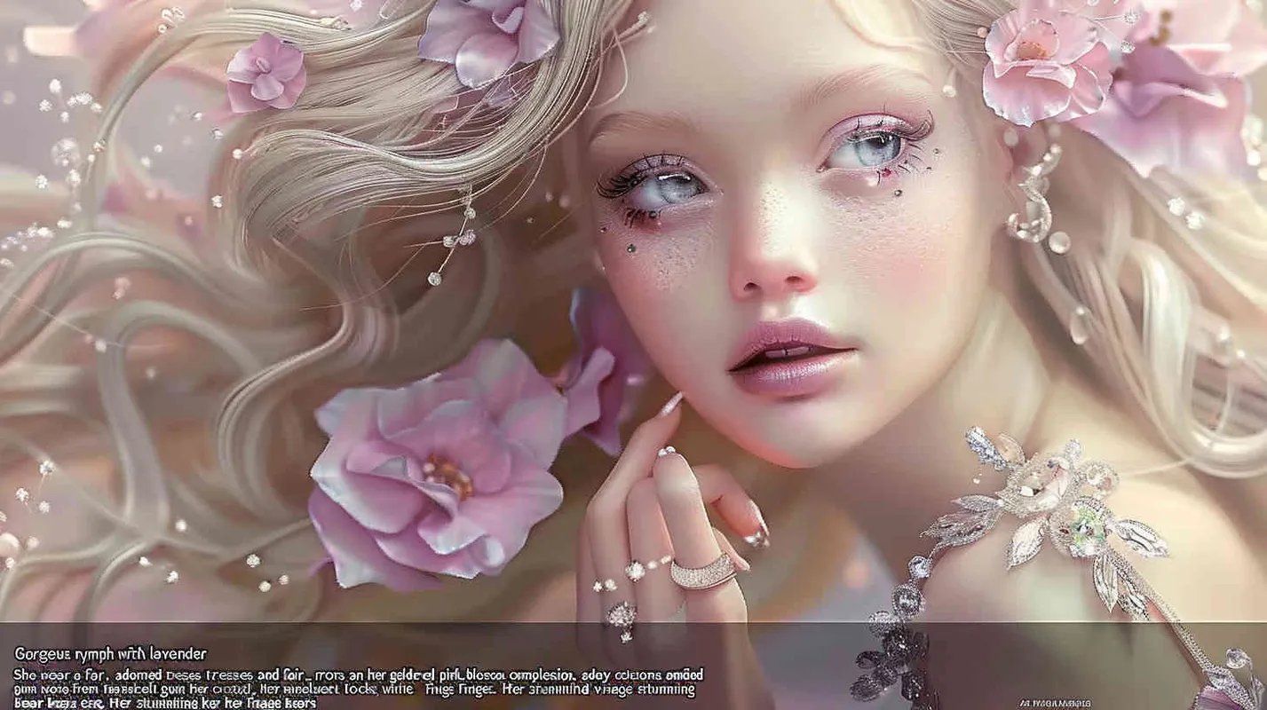 Beautiful fairy, lavender hair and white and ruddy skin, pink flowers in golden hair, a complex dress made of transparent crystal, diamond rings on her fingers, beautiful makeup, delicate powder blusher and bright blue eyes, gentle smile, super realism, ultra-high definition picture quality, photographic blockbuster, portrait lens - style4部分