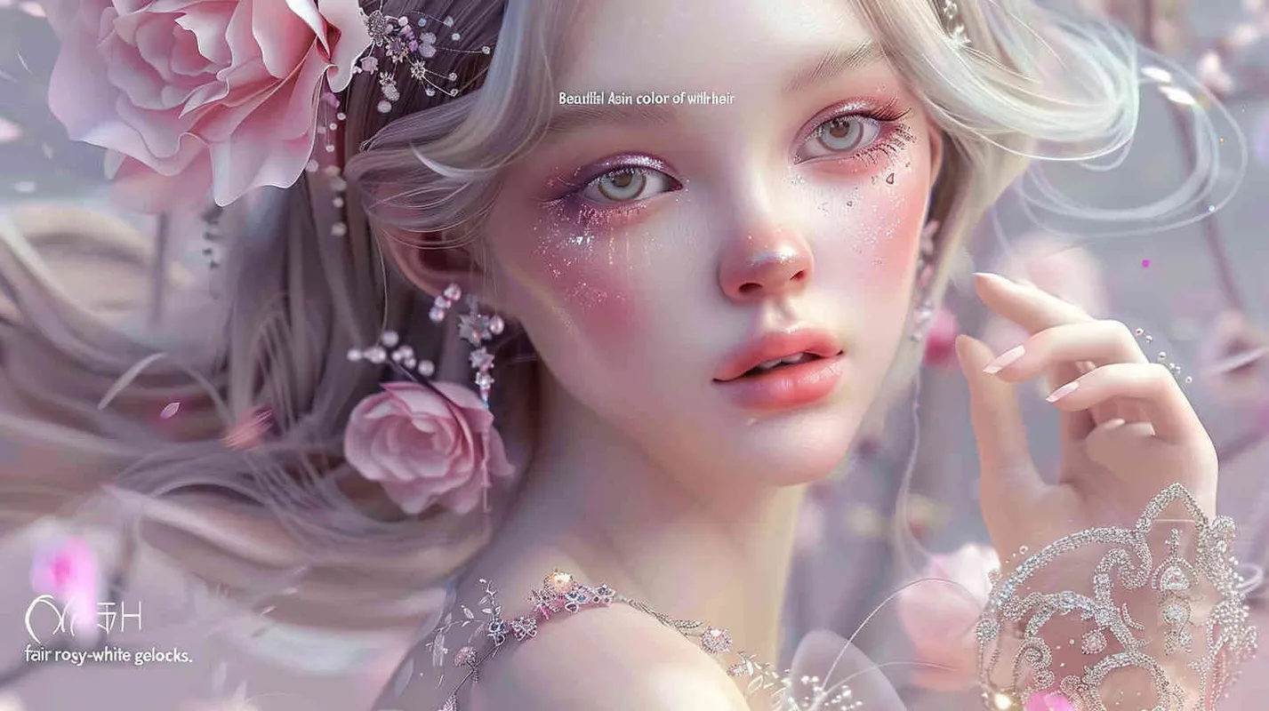 Beautiful Asian face fairy, lavender hair and white and ruddy skin, pink flowers in golden hair, a complex dress made of transparent crystal, diamond rings on her fingers, beautiful makeup, delicate powder blusher and bright blue eyes, gentle smile, super realism, ultra-high definition picture quality, photography blockbuster, portrait lens – AI绘画作品展示 | Midjourney中文版生成
