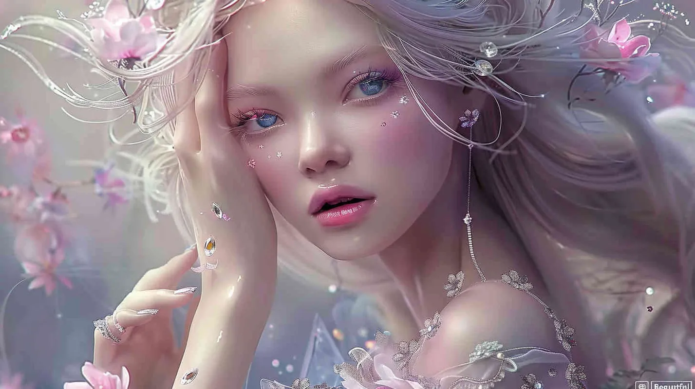 Beautiful Asian face fairy, lavender hair and white and ruddy skin, pink flowers in golden hair, a complex dress made of transparent crystal, diamond rings on her fingers, beautiful makeup, delicate powder blusher and bright blue eyes, gentle smile, super realism, ultra-high definition picture quality, photography blockbuster, portrait lens - style2部分
