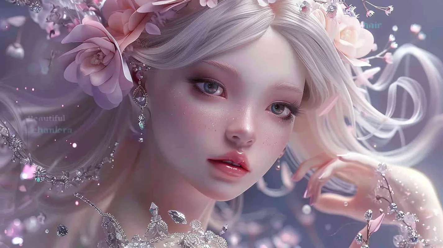 Beautiful Asian face fairy, lavender hair and white and ruddy skin, pink flowers in golden hair, a complex dress made of transparent crystal, diamond rings on her fingers, beautiful makeup, delicate powder blusher and bright blue eyes, gentle smile, super realism, ultra-high definition picture quality, photography blockbuster, portrait lens - style3部分