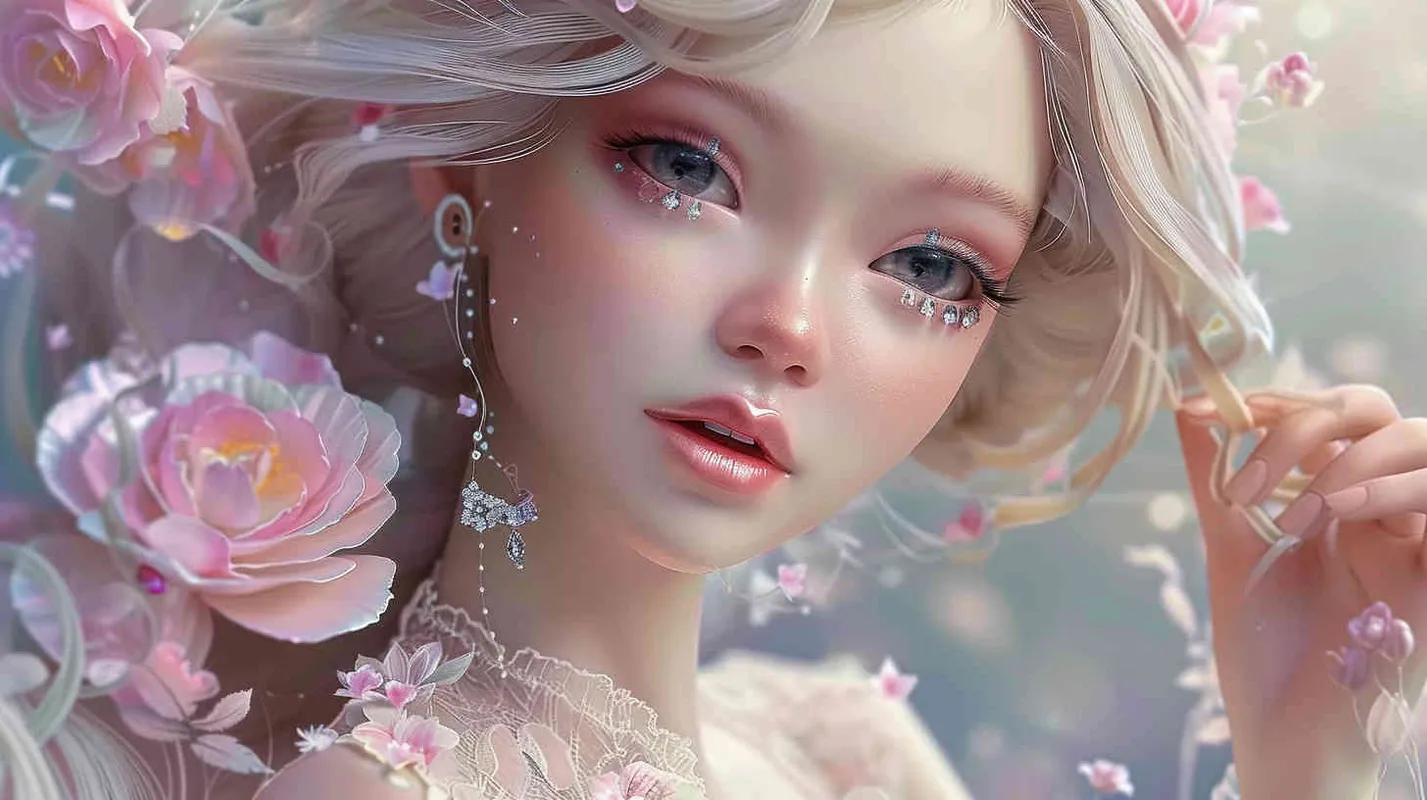 Beautiful Asian face fairy, lavender hair and white and ruddy skin, pink flowers in golden hair, a complex dress made of transparent crystal, diamond rings on her fingers, beautiful makeup, delicate powder blusher and bright blue eyes, gentle smile, super realism, ultra-high definition picture quality, photography blockbuster, portrait lens - style4部分