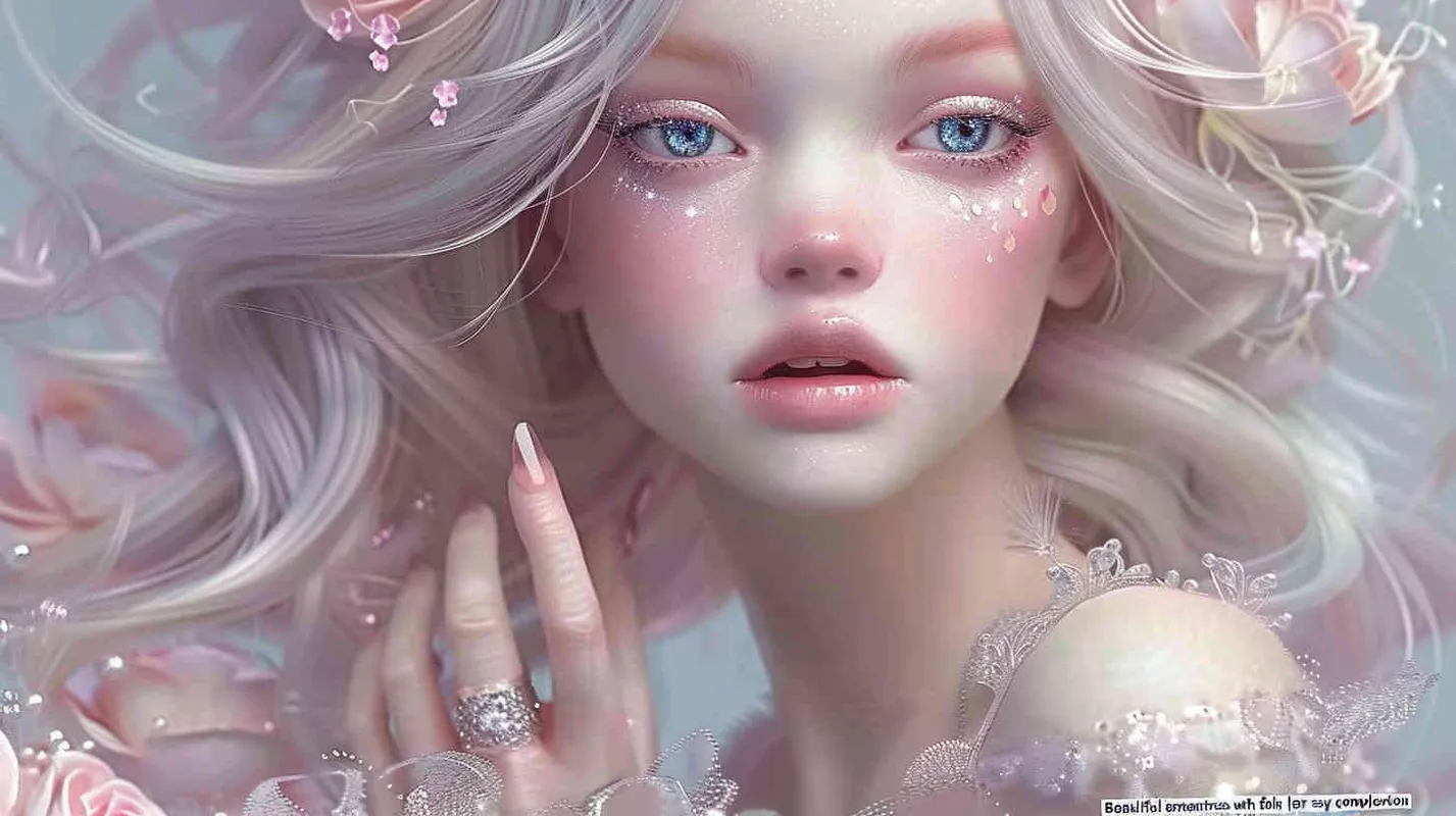Beautiful Asian face fairy, lavender hair and white and ruddy skin, pink flowers in golden hair, a complex dress made of transparent crystal, diamond rings on her fingers, beautiful makeup, delicate powder blusher and bright blue eyes, gentle smile, super realism, ultra-high definition picture quality, photography blockbuster, portrait lens [ seed值: – AI绘画作品展示 | Midjourney中文版生成