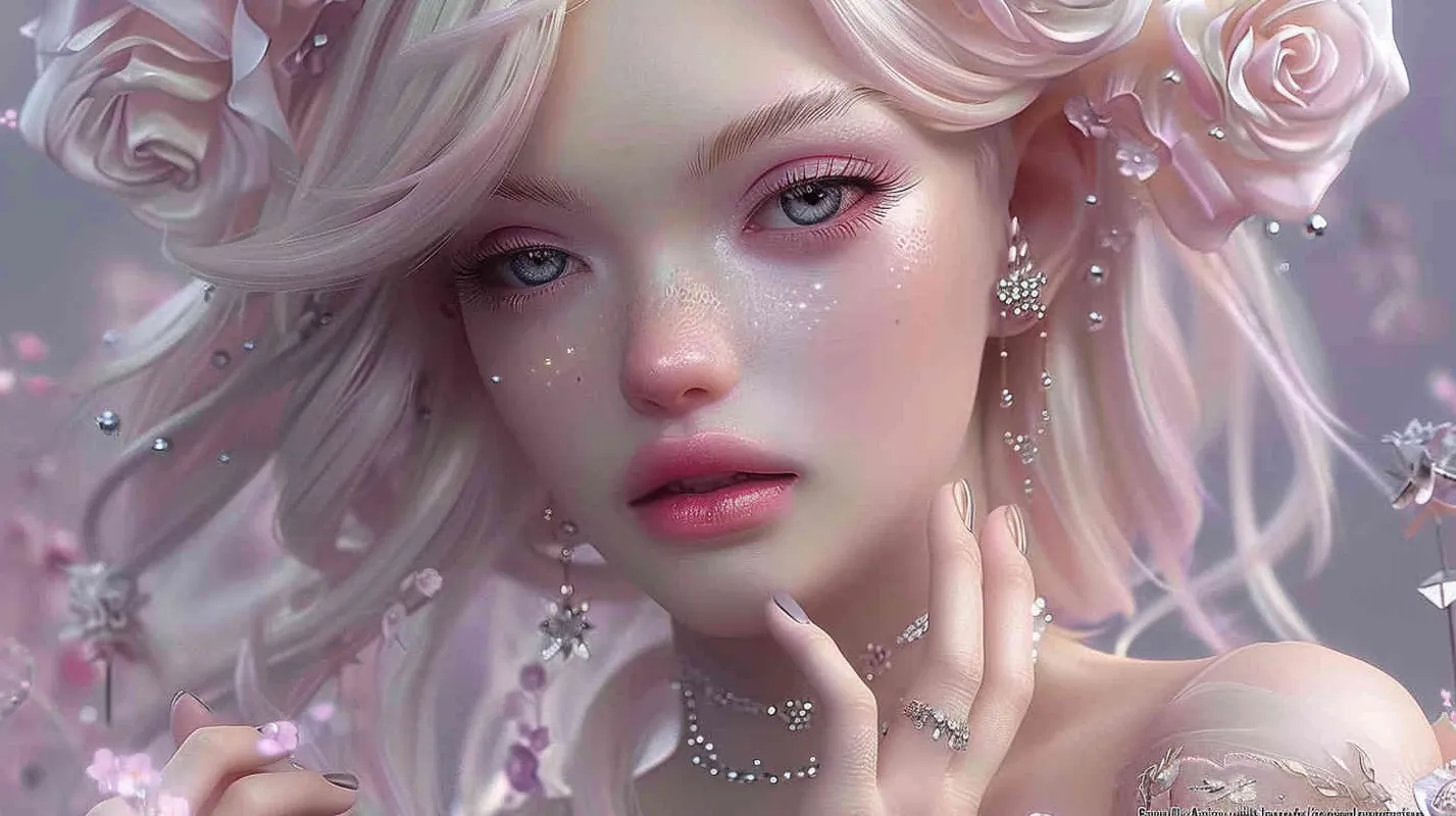 Beautiful Asian face fairy, lavender hair and white and ruddy skin, pink flowers in golden hair, a complex dress made of transparent crystal, diamond rings on her fingers, beautiful makeup, delicate powder blusher and bright blue eyes, gentle smile, super realism, ultra-high definition picture quality, photography blockbuster, portrait lens [ seed值: - style3部分