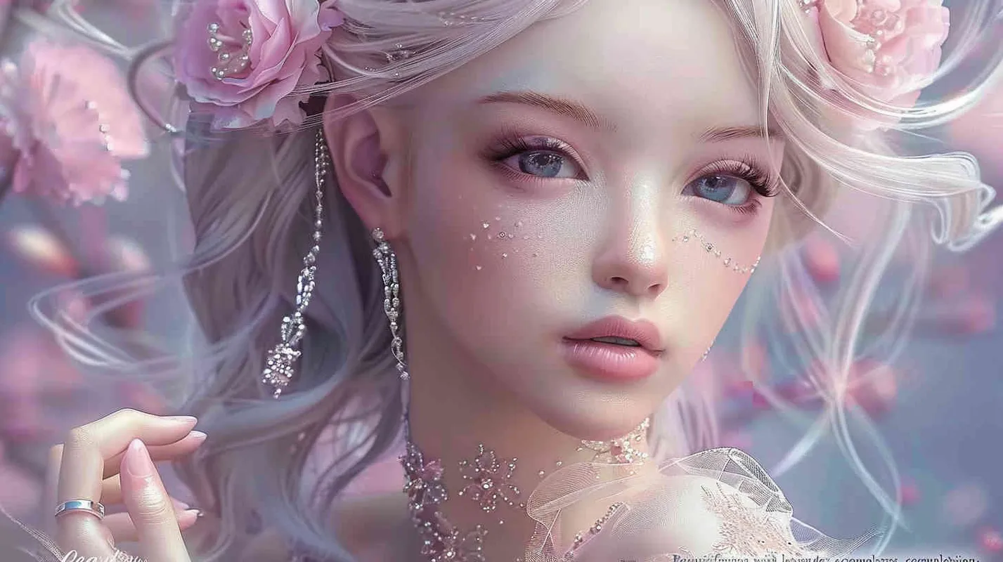 Beautiful Asian face fairy, lavender hair and white and ruddy skin, pink flowers in golden hair, a complex dress made of transparent crystal, diamond rings on her fingers, beautiful makeup, delicate powder blusher and bright blue eyes, gentle smile, super realism, ultra-high definition picture quality, photography blockbuster, portrait lens [ seed值: - style4部分