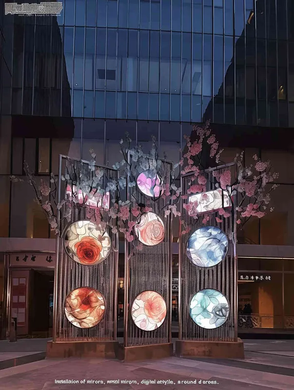 Mirror installation, metal style, digital installation art with rose as the theme - AI绘画作品展示 | Midjourney中文版生成