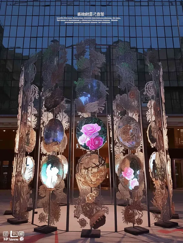 Mirror installation, metal style, digital installation art with rose as the theme - AI绘画作品展示 | Midjourney中文版生成
