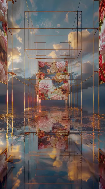一个户外数字媒体艺术装置，这个装置由金黄色的桁架结构搭建，上面悬挂着30块大小相同的Led屏幕，屏幕里展示着不同的的玫瑰花。正面镜头，纯色背景，太阳将要落山时的光线效果，大师摄影作品，8k超高清。 - style3部分