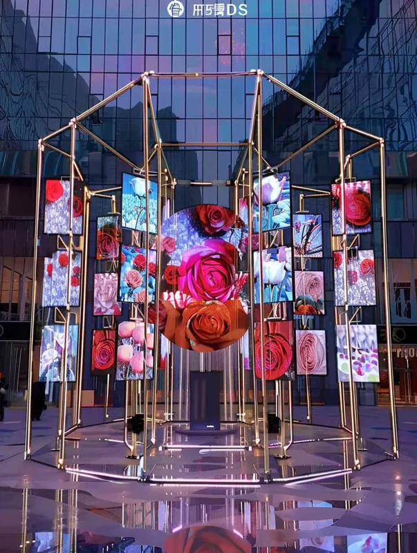An outdoor digital media art installation, constructed from a golden truss structure, with 30 equally sized LED screens hanging on top, displaying different roses. Front camera, solid color background, lighting effect when the sun is about to set, master photography work, 8k ultra high definition. – AI绘画作品展示 | Midjourney中文版生成