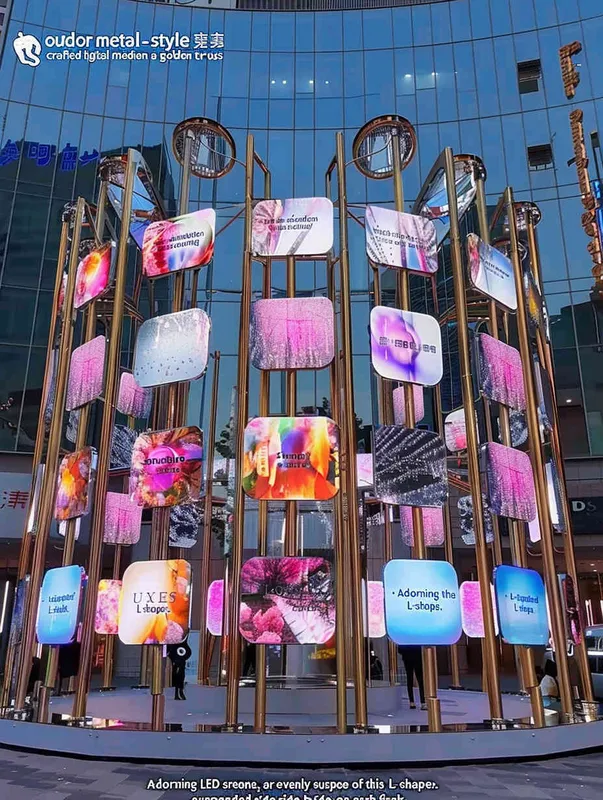 A digital media art installation in an outdoor metal style, constructed from a golden truss structure in an L-shape. On the surface of this L-shaped truss, 12 LED screens of the same size are neatly hung side by side on each side. These LED screens display various types of rose lenses. Front camera, solid color background, lighting effect when the sun is about to set, master photography work, 8k ultra high definition. - style1部分