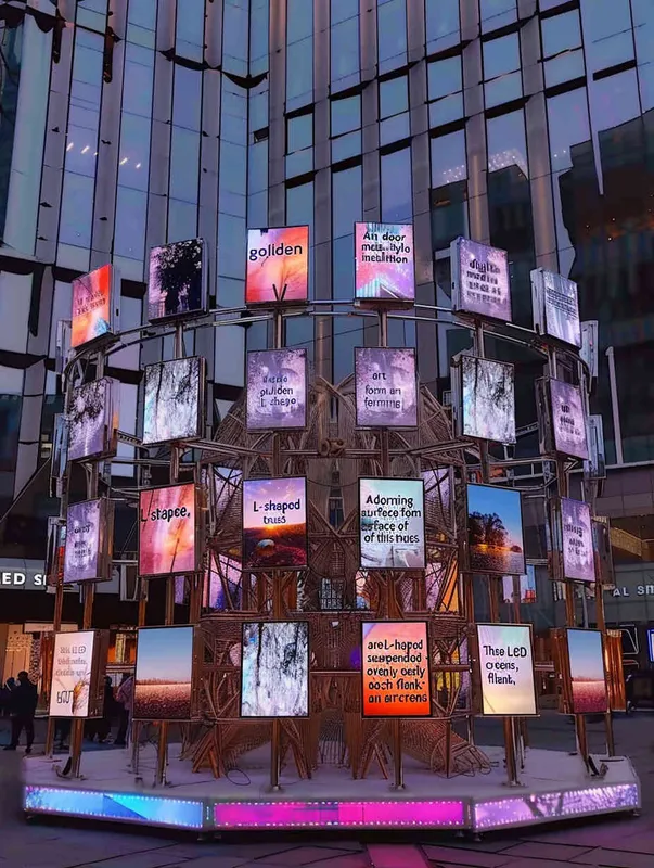 A digital media art installation in an outdoor metal style, constructed from a golden truss structure in an L-shape. On the surface of this L-shaped truss, 12 LED screens of the same size are neatly hung side by side on each side. These LED screens display various types of rose lenses. Front camera, solid color background, lighting effect when the sun is about to set, master photography work, 8k ultra high definition. - style2部分