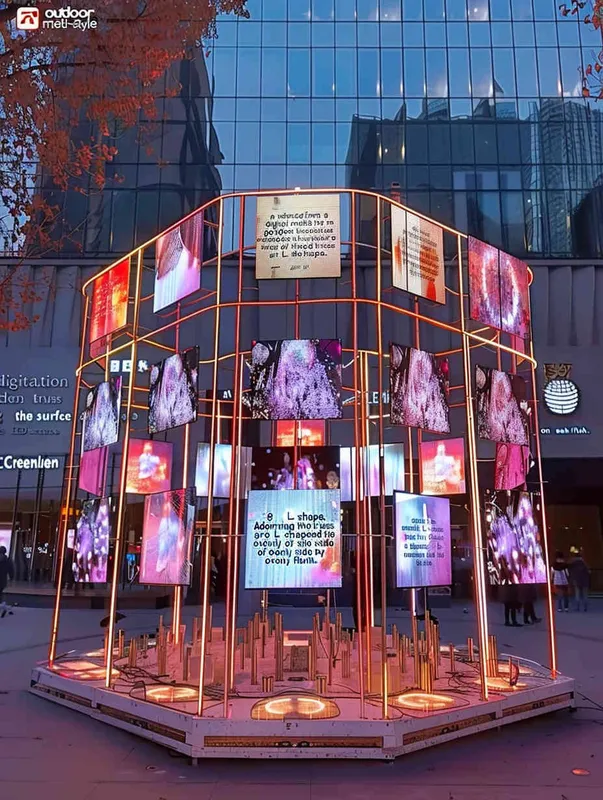 A digital media art installation in an outdoor metal style, constructed from a golden truss structure in an L-shape. On the surface of this L-shaped truss, 12 LED screens of the same size are neatly hung side by side on each side. These LED screens display various types of rose lenses. Front camera, solid color background, lighting effect when the sun is about to set, master photography work, 8k ultra high definition. - style3部分