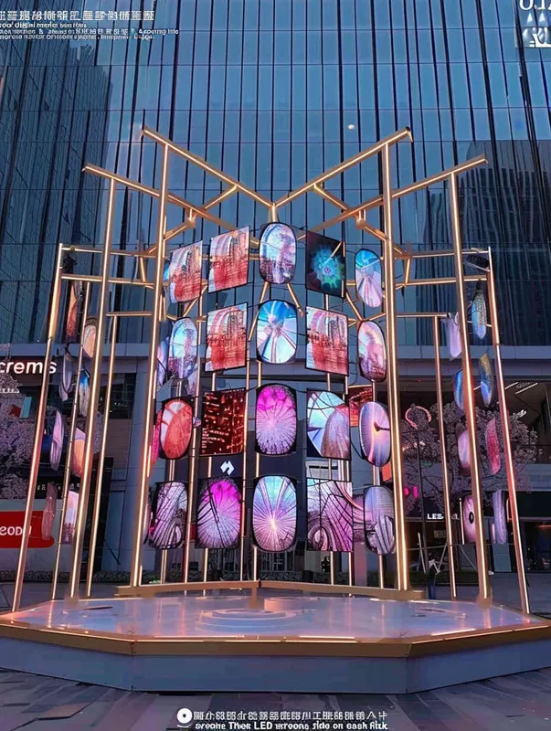 A digital media art installation in an outdoor metal style, constructed from a golden truss structure in an L-shape. On the surface of this L-shaped truss, 12 LED screens of the same size are neatly hung side by side on each side. These LED screens display various types of rose lenses. Front camera, solid color background, lighting effect when the sun is about to set, master photography work, 8k ultra high definition. - style4部分