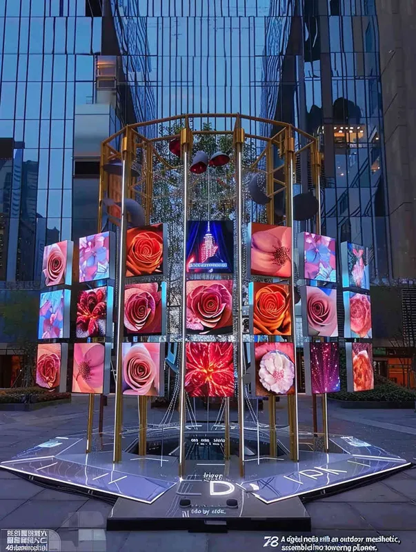 A digital media art installation in an outdoor metal style, constructed from a golden truss structure into two vertical planes. On these two vertical planes, 48 LED screens of the same size are neatly hung side by side on each side. These LED screens display a variety of rose lenses. Front camera, solid color background, lighting effect when the sun is about to set, master photography work, 8k ultra high definition. – AI绘画作品展示 | Midjourney中文版生成
