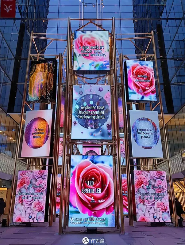 A digital media art installation in an outdoor metal style, constructed from a golden truss structure into two vertical planes. On these two vertical planes, 48 LED screens of the same size are neatly hung side by side on each side. These LED screens display a variety of rose lenses. Front camera, solid color background, lighting effect when the sun is about to set, master photography work, 8k ultra high definition. - style2部分