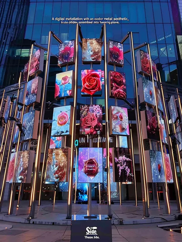 A digital media art installation in an outdoor metal style, constructed from a golden truss structure into two vertical planes. On these two vertical planes, 48 LED screens of the same size are neatly hung side by side on each side. These LED screens display a variety of rose lenses. Front camera, solid color background, lighting effect when the sun is about to set, master photography work, 8k ultra high definition. - style3部分