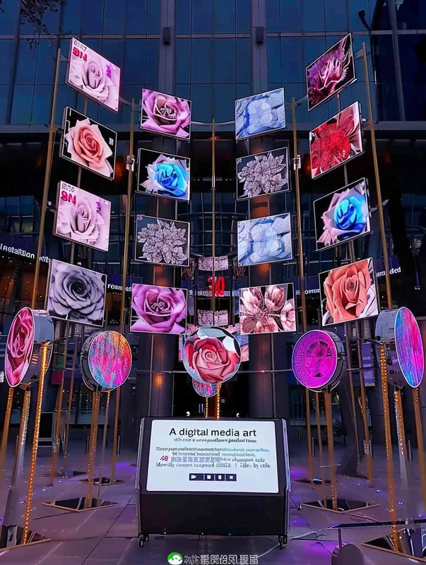 A digital media art installation in an outdoor metal style, constructed from a golden truss structure into two vertical planes. On these two vertical planes, 48 LED screens of the same size are neatly hung side by side on each side. These LED screens display a variety of rose lenses. Front camera, solid color background, lighting effect when the sun is about to set, master photography work, 8k ultra high definition. - style4部分
