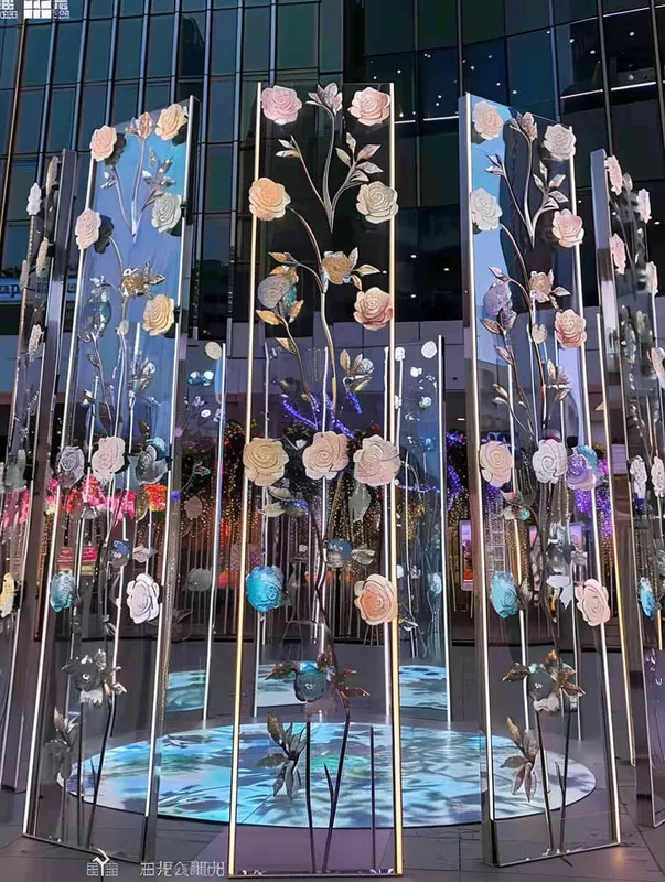 Mirror installation, metal style, two vertical planes spliced together, with 40 neatly arranged rose themed screens on both planes, front lens, lighting effect when the sun is about to set, master photography work, 8k ultra high definition. - style1部分