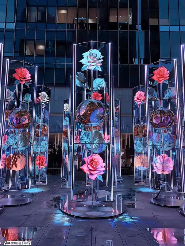 Mirror installation, metal style, two vertical planes spliced together, with 40 neatly arranged rose themed screens on both planes, front lens, lighting effect when the sun is about to set, master photography work, 8k ultra high definition. - style4部分