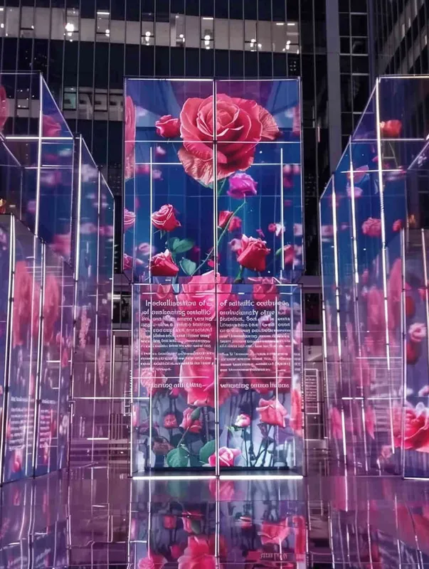 Mirror installation, metal style, two vertical planes spliced together, arranged neatly on two planes with 40 rose themed screens. The background is a simple exhibition hall, with front facing lenses and lighting effects at sunset. Master level photography works, 8k ultra high definition - style2部分