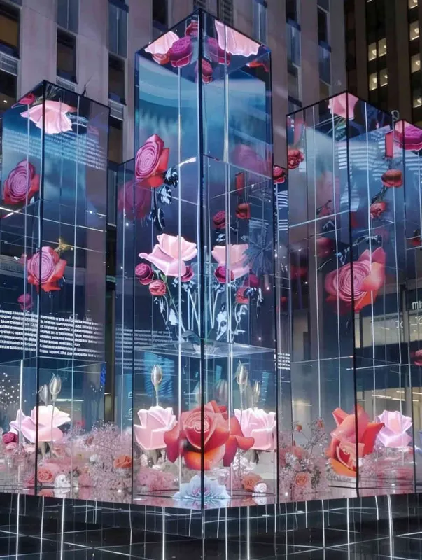 Mirror installation, metal style, two vertical planes spliced together, arranged neatly on two planes with 40 rose themed screens. The background is a simple exhibition hall, with front facing lenses and lighting effects at sunset. Master level photography works, 8k ultra high definition - style3部分