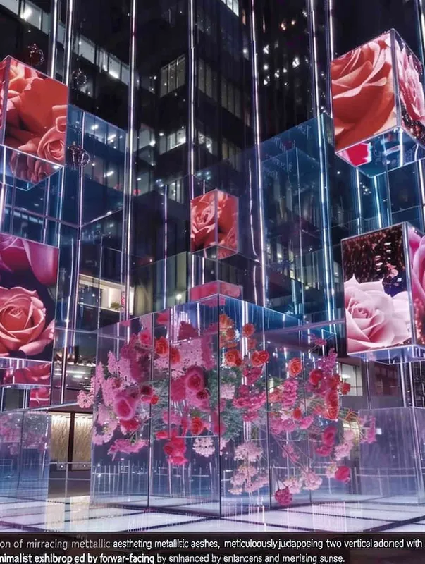 Mirror installation, metal style, two vertical planes spliced together, arranged neatly on two planes with 40 rose themed screens. The background is a simple exhibition hall, with front facing lenses and lighting effects at sunset. Master level photography works, 8k ultra high definition - style4部分
