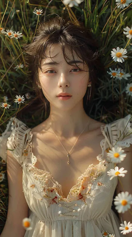 一个中国女孩，躺在全是鲜花的草地上，表情可爱温馨，大师级摄影 - style1部分