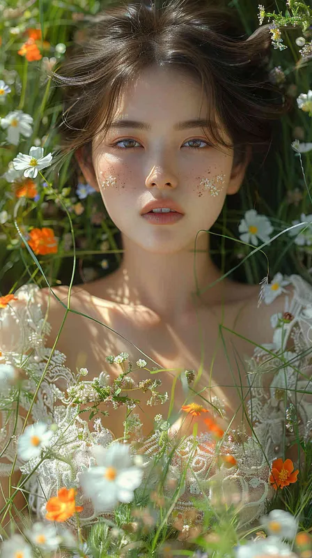 一个中国女孩，躺在全是鲜花的草地上，表情可爱温馨，大师级摄影 - style2部分