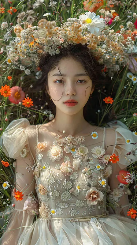 一个中国女孩，躺在全是鲜花的草地上，表情可爱温馨，大师级摄影 - style3部分