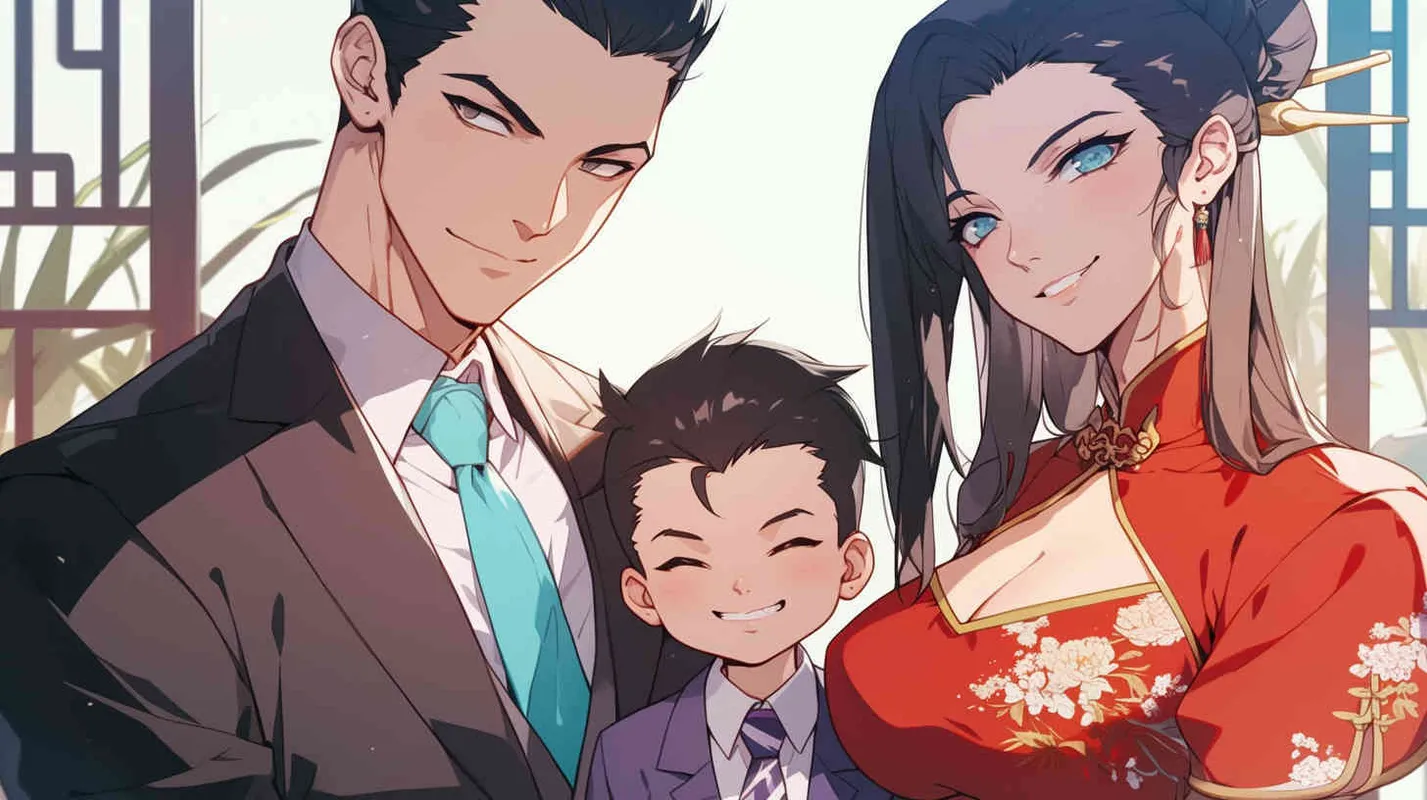 一个中国男人，穿着西装，有钱人，身边站着一个黑色长发的年轻女人，他俩中间站着一个3岁的中国小男孩，漫画风格 - style2部分