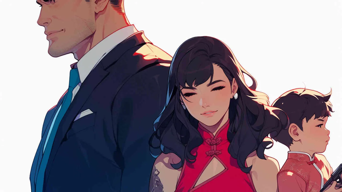 一个中国男人，穿着西装，有钱人，身边站着一个黑色长发的年轻女人，他俩中间站着一个3岁的中国小男孩，漫画风格 - style4部分
