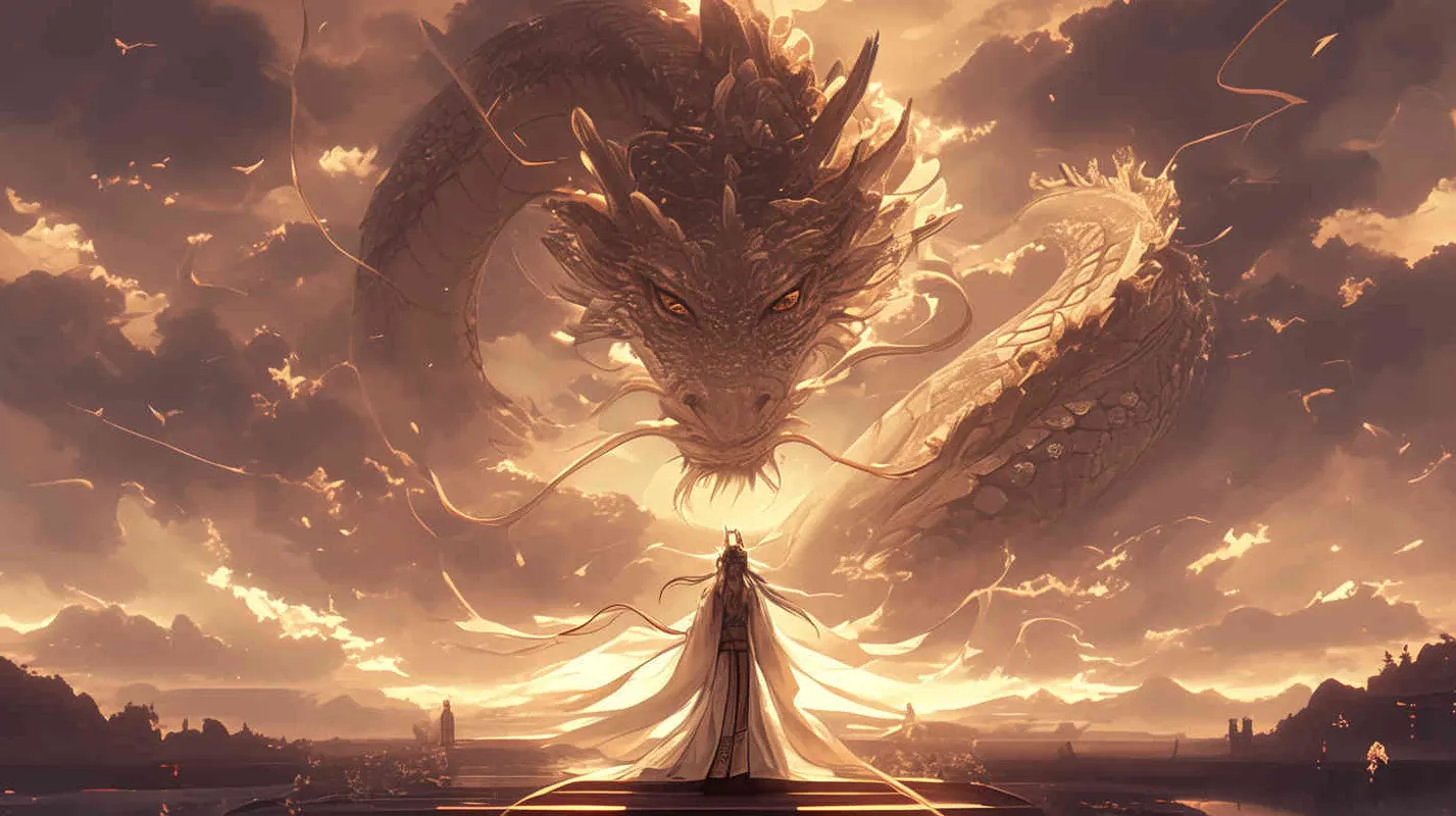 东皇太一以一种庄严而神圣的形象呈现在我们眼前。

他站立在苍穹之下，身姿巍峨，仿佛与天地同高。他的面容沉静而威严，双眼深邃如海，仿佛能洞察世间万物的本质。一头乌黑的长发如瀑布般流淌至腰间，随风轻轻飘动，散发出一种神秘而庄重的气息。

他的身躯被一袭金色的长袍所覆盖，长袍上绣着复杂的图腾，闪烁着淡淡的光芒，彰显出他的尊贵与不凡。他的双手结印，掌心向上，仿佛在掌控着某种神秘的力量。

最令人震撼的是他身后那盘旋升腾的巨龙。巨龙身躯庞大，鳞片闪烁着金光，龙眼炯炯有神，仿佛与东皇太一共享着某种神秘的联系。巨龙的存在使得东皇太一的形象更加威严而神圣，仿佛他就是天地的化身 - style2部分