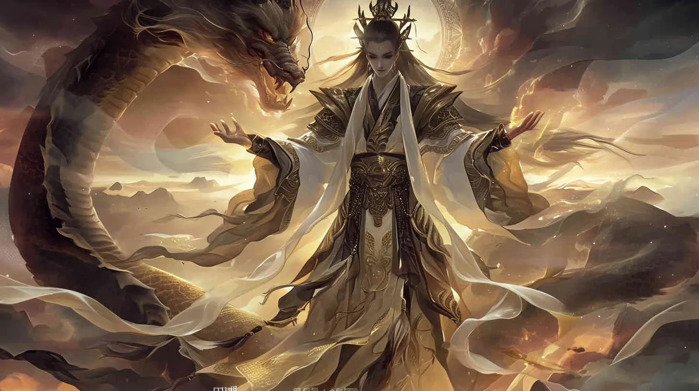东皇太一以一种庄严而神圣的形象呈现在我们眼前。

他站立在苍穹之下，身姿巍峨，仿佛与天地同高。他的面容沉静而威严，双眼深邃如海，仿佛能洞察世间万物的本质。一头乌黑的长发如瀑布般流淌至腰间，随风轻轻飘动，散发出一种神秘而庄重的气息。

他的身躯被一袭金色的长袍所覆盖，长袍上绣着复杂的图腾，闪烁着淡淡的光芒，彰显出他的尊贵与不凡。他的双手结印，掌心向上，仿佛在掌控着某种神秘的力量。

最令人震撼的是他身后那盘旋升腾的巨龙。巨龙身躯庞大，鳞片闪烁着金光，龙眼炯炯有神，仿佛与东皇太一共享着某种神秘的联系。巨龙的存在使得东皇太一的形象更加威严而神圣，仿佛他就是天地的化身 - style3部分