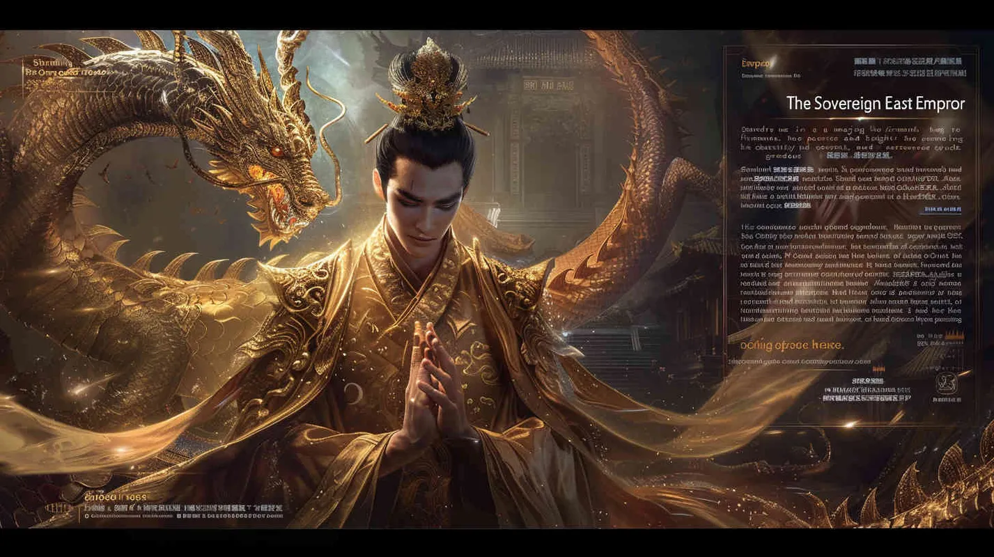 东皇太一以一种庄严而神圣的形象呈现在我们眼前。 他站立在苍穹之下，身姿巍峨，仿佛与天地同高。他的面容沉静而威严，双眼深邃如海，仿佛能洞察世间万物的本质。一头乌黑的长发如瀑布般流淌至腰间，随风轻轻飘动，散发出一种神秘而庄重的气息。 他的身躯被一袭金色的长袍所覆盖，长袍上绣着复杂的图腾，闪烁着淡淡的光芒，彰显出他的尊贵与不凡。他的双手结印，掌心向上，仿佛在掌控着某种神秘的力量。 最令人震撼的是他身后那盘旋升腾的巨龙。巨龙身躯庞大，鳞片闪烁着金光，龙眼炯炯有神，仿佛与东皇太一共享着某种神秘的联系。巨龙的存在使得东皇太一的形象更加威严而神圣，仿佛他就是天地的化身 - style2部分