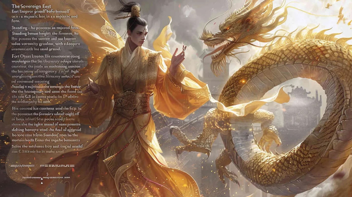 东皇太一以一种庄严而神圣的形象呈现在我们眼前。 他站立在苍穹之下，身姿巍峨，仿佛与天地同高。他的面容沉静而威严，双眼深邃如海，仿佛能洞察世间万物的本质。一头乌黑的长发如瀑布般流淌至腰间，随风轻轻飘动，散发出一种神秘而庄重的气息。 他的身躯被一袭金色的长袍所覆盖，长袍上绣着复杂的图腾，闪烁着淡淡的光芒，彰显出他的尊贵与不凡。他的双手结印，掌心向上，仿佛在掌控着某种神秘的力量。 最令人震撼的是他身后那盘旋升腾的巨龙。巨龙身躯庞大，鳞片闪烁着金光，龙眼炯炯有神，仿佛与东皇太一共享着某种神秘的联系。巨龙的存在使得东皇太一的形象更加威严而神圣，仿佛他就是天地的化身 - style3部分