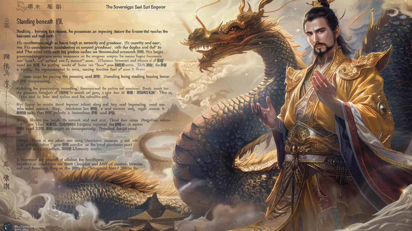东皇太一以一种庄严而神圣的形象呈现在我们眼前。 他站立在苍穹之下，身姿巍峨，仿佛与天地同高。他的面容沉静而威严，双眼深邃如海，仿佛能洞察世间万物的本质。一头乌黑的长发如瀑布般流淌至腰间，随风轻轻飘动，散发出一种神秘而庄重的气息。 他的身躯被一袭金色的长袍所覆盖，长袍上绣着复杂的图腾，闪烁着淡淡的光芒，彰显出他的尊贵与不凡。他的双手结印，掌心向上，仿佛在掌控着某种神秘的力量。 最令人震撼的是他身后那盘旋升腾的巨龙。巨龙身躯庞大，鳞片闪烁着金光，龙眼炯炯有神，仿佛与东皇太一共享着某种神秘的联系。巨龙的存在使得东皇太一的形象更加威严而神圣，仿佛他就是天地的化身 - style4部分