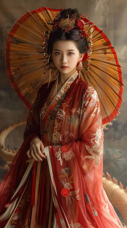 一个美丽的中国年轻女孩,20岁,身穿红色的中国汉服,身后盘绕着一条金色的中国龙,场景震撼,富有中国特色 - AI绘画作品展示 | Midjourney中文版生成