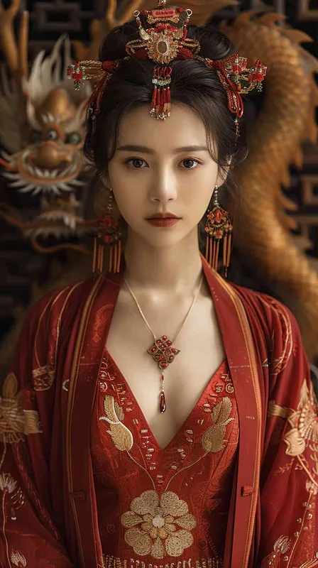 一个美丽的中国年轻女孩,20岁,身穿红色的中国汉服,身后盘绕着一条金色的中国龙,场景震撼,富有中国特色 - AI绘画作品展示 | Midjourney中文版生成