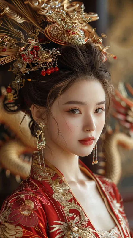 一个美丽的中国年轻女孩,20岁,身穿红色的中国汉服,身后盘绕着一条金色的中国龙,场景震撼,富有中国特色 - AI绘画作品展示 | Midjourney中文版生成
