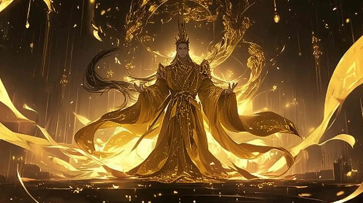 他身高魁梧，头戴皇冠，肩宽背厚，身穿黄色长袍，手持轩辕神剑，犹如一座巍峨的山岳，矗立在天地之间。他的脸庞刚毅而威严，双眼炯炯有神。是华夏儿女的始祖。 - style1部分