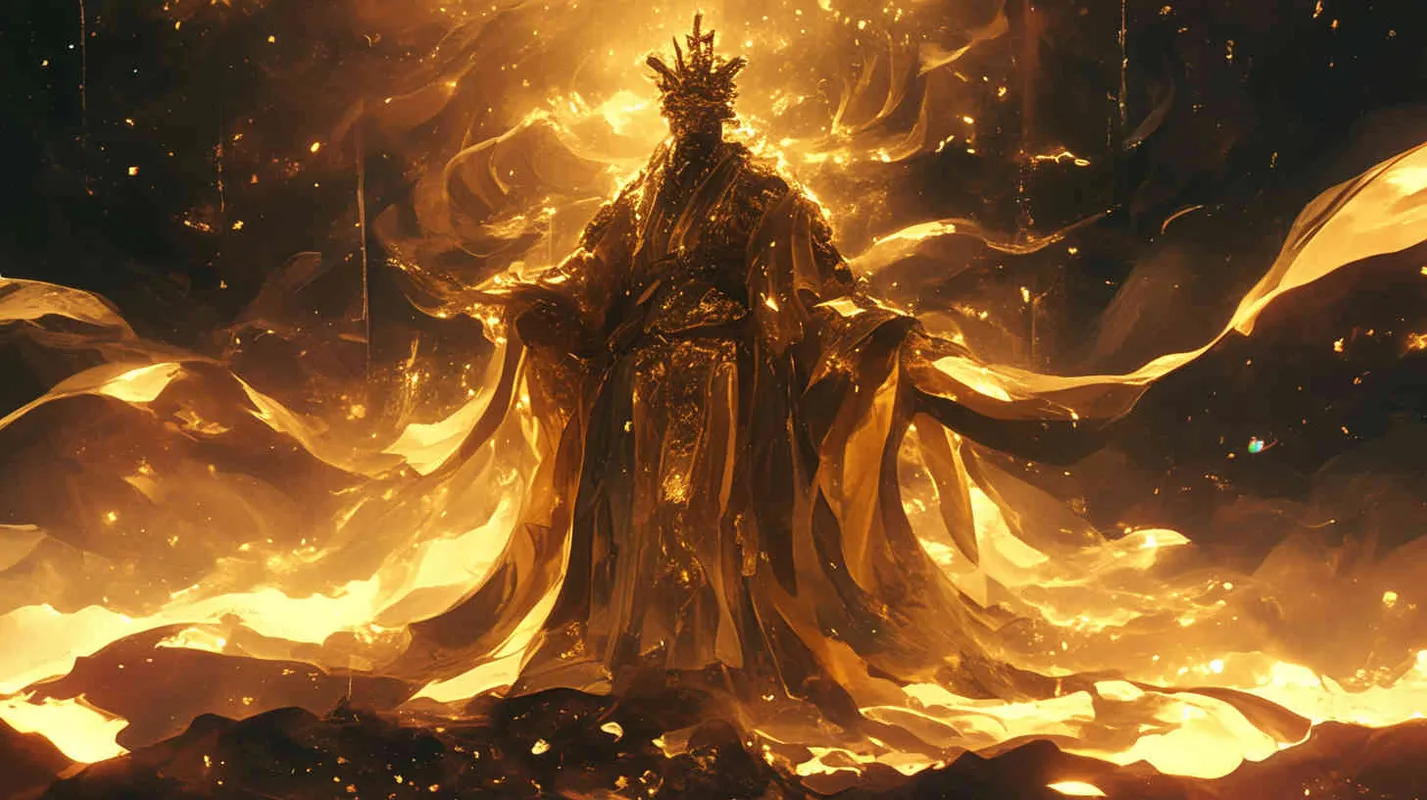 他身高魁梧，头戴皇冠，肩宽背厚，身穿黄色长袍，手持轩辕神剑，犹如一座巍峨的山岳，矗立在天地之间。他的脸庞刚毅而威严，双眼炯炯有神。是华夏儿女的始祖。 - style2部分