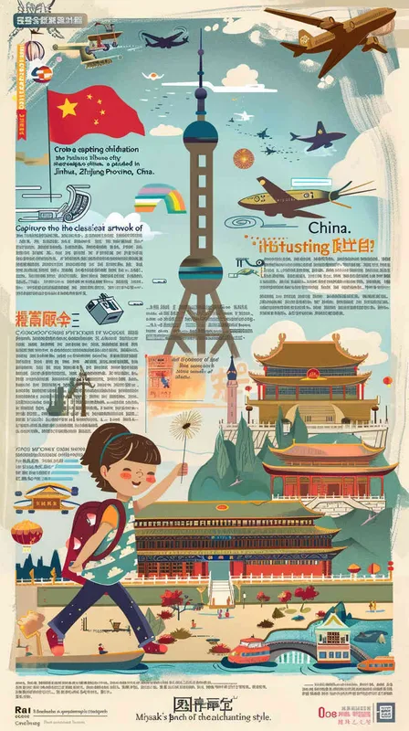 Create a striking children's illustration showcasing the future city of Jinhua, a picturesque city in Zhejiang Province, China. Embrace the essence of classical Chinese artwork with a touch of Miyazaki's magical style. Picture a young girl gracefully holding a paintbrush, her art mirroring the fast-paced innovation of high-speed trains, the remarkable presence of the five-starred national flag, and the iconic landmarks of Jinhua, Zhejiang. Imagine the Jinhua Museum, the enchanting Wuyue Opera House, the vibrant amusement park, and awe-inspiring masterpieces, all depicted in exquisite detail, ready to adorn any high-resolution wallpaper - style1部分
