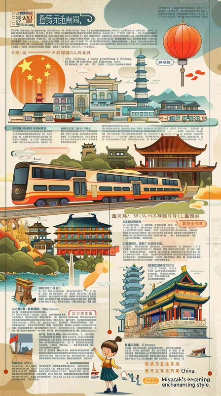 Create a striking children's illustration showcasing the future city of Jinhua, a picturesque city in Zhejiang Province, China. Embrace the essence of classical Chinese artwork with a touch of Miyazaki's magical style. Picture a young girl gracefully holding a paintbrush, her art mirroring the fast-paced innovation of high-speed trains, the remarkable presence of the five-starred national flag, and the iconic landmarks of Jinhua, Zhejiang. Imagine the Jinhua Museum, the enchanting Wuyue Opera House, the vibrant amusement park, and awe-inspiring masterpieces, all depicted in exquisite detail, ready to adorn any high-resolution wallpaper - style2部分