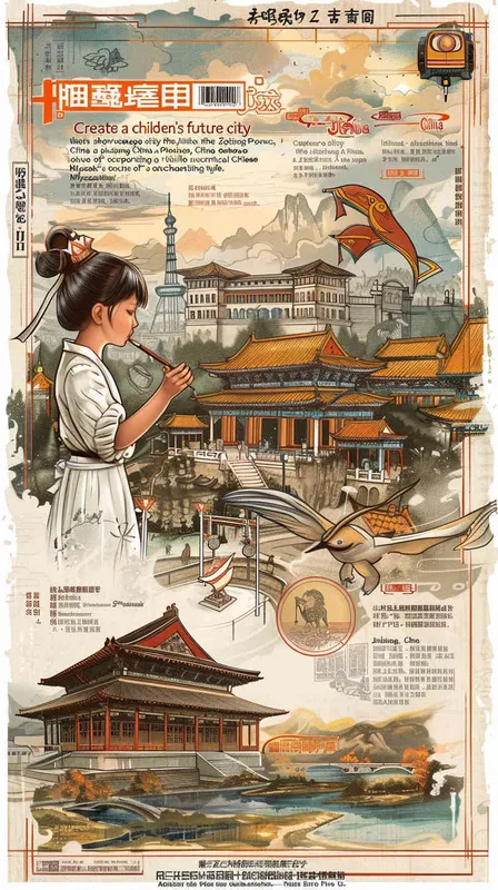 Create a striking children's illustration showcasing the future city of Jinhua, a picturesque city in Zhejiang Province, China. Embrace the essence of classical Chinese artwork with a touch of Miyazaki's magical style. Picture a young girl gracefully holding a paintbrush, her art mirroring the fast-paced innovation of high-speed trains, the remarkable presence of the five-starred national flag, and the iconic landmarks of Jinhua, Zhejiang. Imagine the Jinhua Museum, the enchanting Wuyue Opera House, the vibrant amusement park, and awe-inspiring masterpieces, all depicted in exquisite detail, ready to adorn any high-resolution wallpaper - style3部分