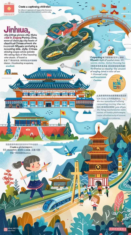 Create a striking children's illustration showcasing the future city of Jinhua, a picturesque city in Zhejiang Province, China. Embrace the essence of classical Chinese artwork with a touch of Miyazaki's magical style. Picture a young girl gracefully holding a paintbrush, her art mirroring the fast-paced innovation of high-speed trains, the remarkable presence of the five-starred national flag, and the iconic landmarks of Jinhua, Zhejiang. Imagine the Jinhua Museum, the enchanting Wuyue Opera House, the vibrant amusement park, and awe-inspiring masterpieces, all depicted in exquisite detail, ready to adorn any high-resolution wallpaper - style4部分