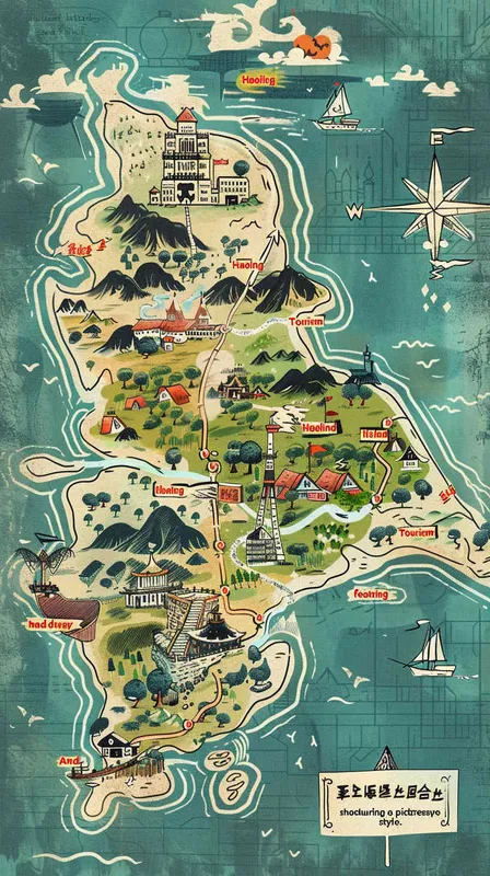 海陵岛旅游地图，手绘风格，画风清新唯美 – AI绘画作品展示 | Midjourney中文版生成