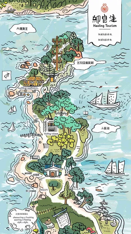 海陵岛旅游地图,手绘风格,画风清新唯美 - AI绘画作品展示 | Midjourney中文版生成