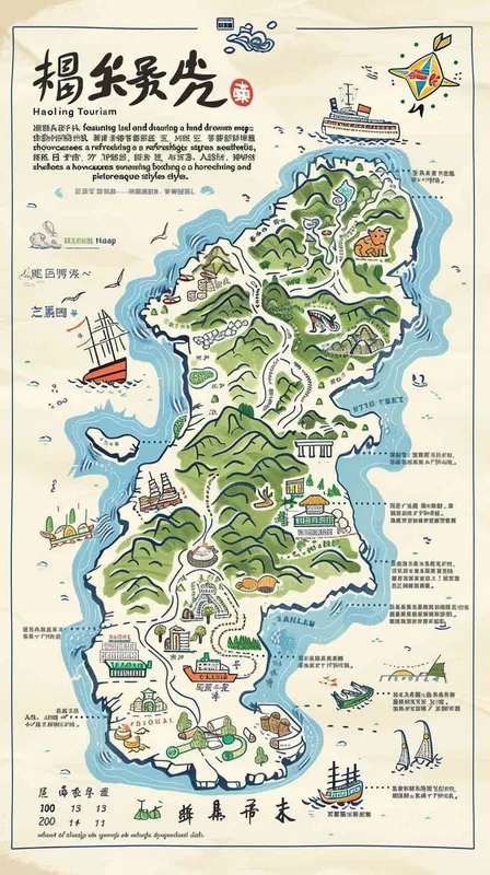 海陵岛旅游地图,手绘风格,画风清新唯美 - AI绘画作品展示 | Midjourney中文版生成